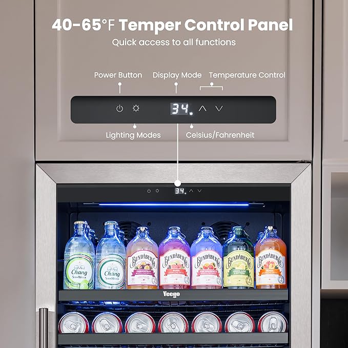 Yeego 24 Inch Large Capacity Beverage Refrigerator, 378 Cans Beverage Cooler with Glass Door & Lock, Built-In or Freestanding Drink Fridge for Soda, Beer & Wine, Office, Bar or Entertainment Area