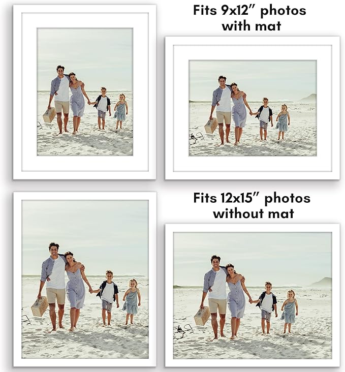 Americanflat 12x15 Picture Frame with Polished Plexiglass - Set of 5 - Use as 9x12 Frame with Mat or Display 12x15 Photo Without Mat - Galleria Collection - Picture Frames for Wall Display - White