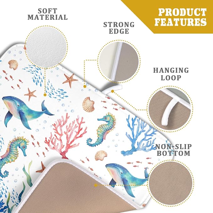 Giwawa Coastal Ocean Dish Drying Mat Seahorse Whales Drainer Rack Mats 16"x18" - Image 4