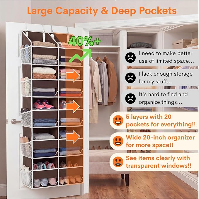 Over the Door Organizer 5 Tiers, Extra Large Behind Door Storage of 10 - Image 2
