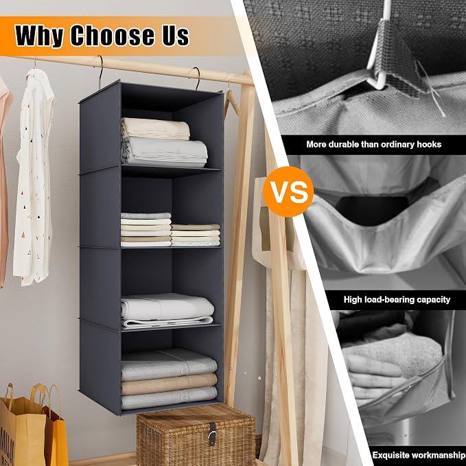 Hanging Closet Organizer 4-Shelf, Oxford Fabric Wardrobe Storage, Dark Grey | - Image 8