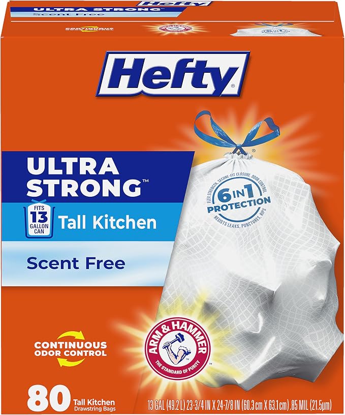 Hefty Ultra Strong 13 Gal Kitchen Trash Bags, 80ct | 13G Tall White Trash Bags by Hefty