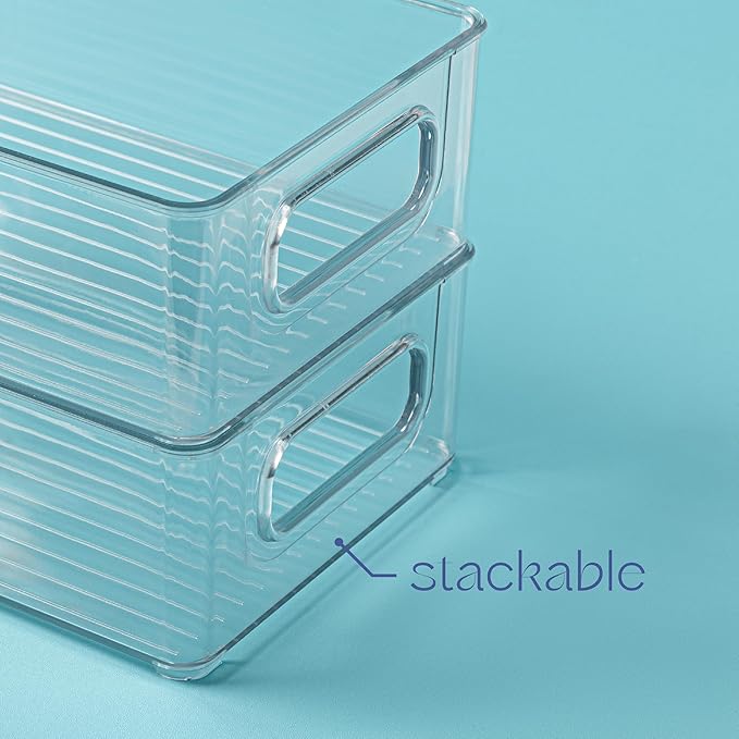 primebox 4 Pack Clear Plastic Organizing Container with Integraged Handles for Home Organization for Kitchen, Pantry, Fridge, Freezer, Cabinet,Bathroom, A&C Room, Stackable. 10"x6"x3"