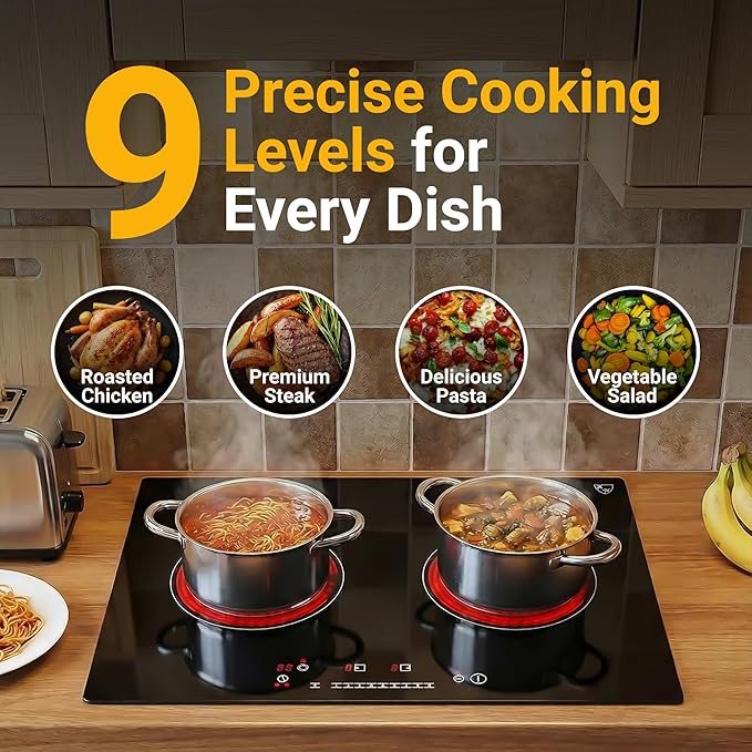 K&H Dual Radiant Electric Cooktop - 12 Inch Built-In Electric Stove Top with 9 Heating Levels - 240V, 3400W Built-in Radiant Ceramic Glass Cooktop - Touch Control, Timer & Child Lock, HCC-3402