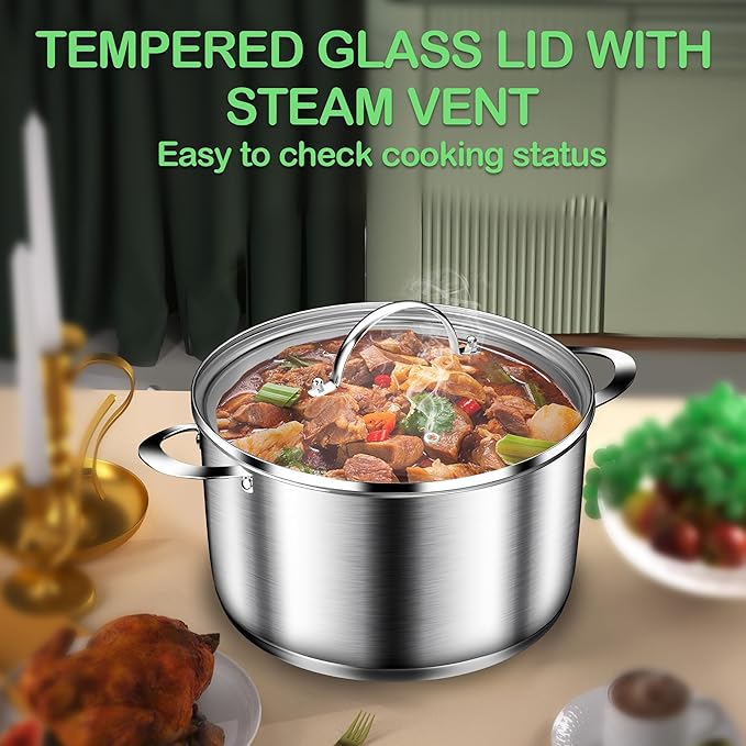 Cooking Pot, Stainless Steel Stock Pot, Soup Pot with Glass Lid, Induction Pots - 6 Quart
