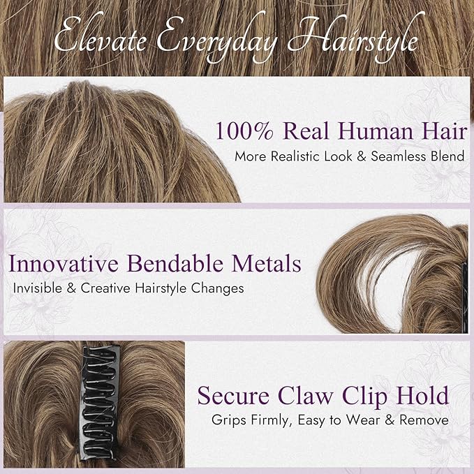 BARSDAR Claw Clip Short Human Hair Ponytail Extension with Bendable Metals - DIY 8 Inch Real Human Hair Medium Brown Blonde Messy Bun Hairpieces for Women - Thick Natural Short Ponytail Daily