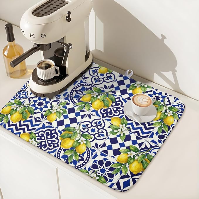 Lemon and Blue Tile Dish Drying Mat 18x24 Inch Absorbent Reversible Mexican - Image 7