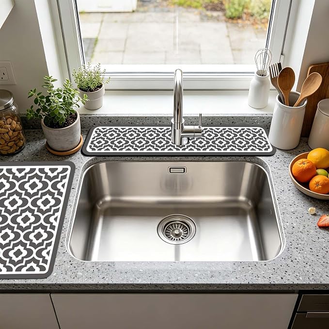 3 Pcs 2 Size Kitchen Sink Splash Guard Faucet Mat Simple Gray Plaid Pattern - Image 6