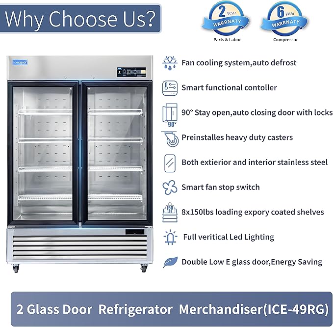 ICECASA 54" W Commercial Display Refrigerator 2 Glass Door Merchandiser Reach-in 49 Cu.ft Stainless Steel Display Refrigerator Fan Cooling for Restuarant, Bar, Shop, etc