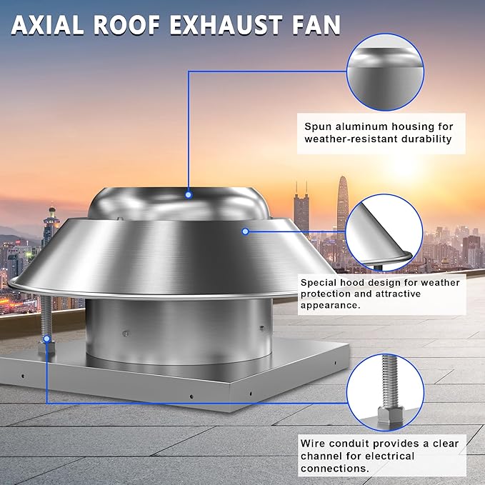 Direct Drive Axial Downblast Exhaust Fan Roof Exhaust Fan -21" Fan Base, 1/6 HP 115 Volt Single Phase Motor 1160 CFM