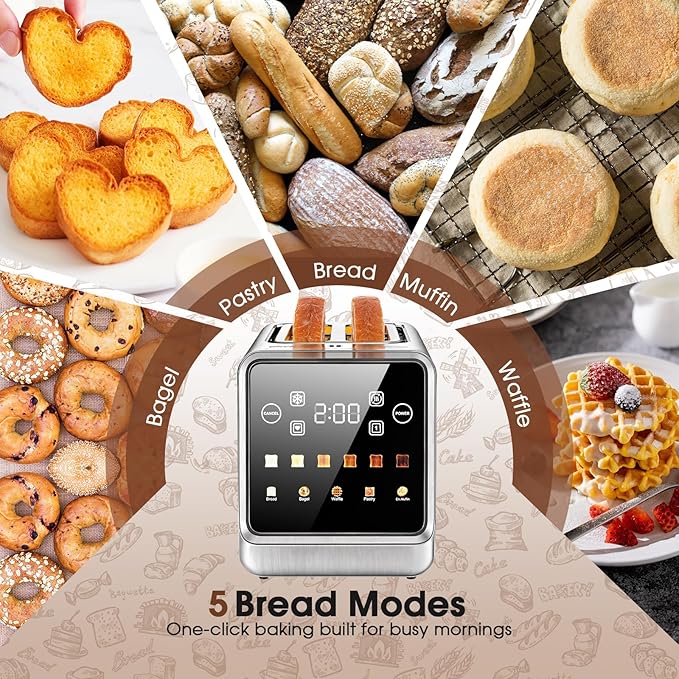 Toaster 4 Slice Long Slot with Digital Touchscreen & 1-Touch Memory for Family | Stainless Steel for Bagels & Artisan Bread | Defrost Reheat & Single-Slice Modes