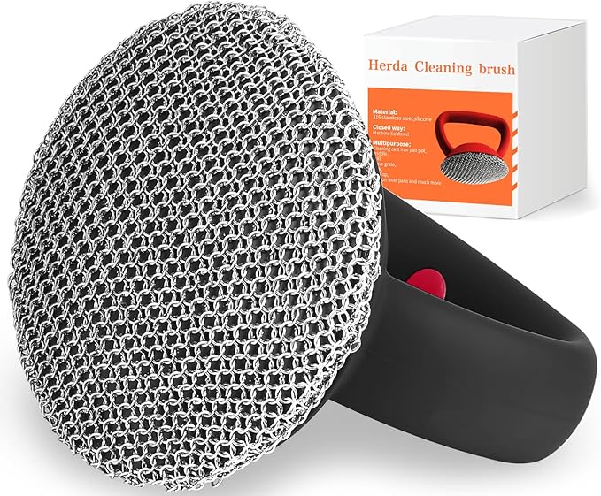 Cast Iron Cleaner Scrubber with Heavy Duty Handle, 3mm Welded Chain Mail Scrubber for Pan Pot Grill Cleaning - Small Ring Chainmail Scrubber Metal Scrub Sponge Skillet, Oven, Griddle, Wok Brush