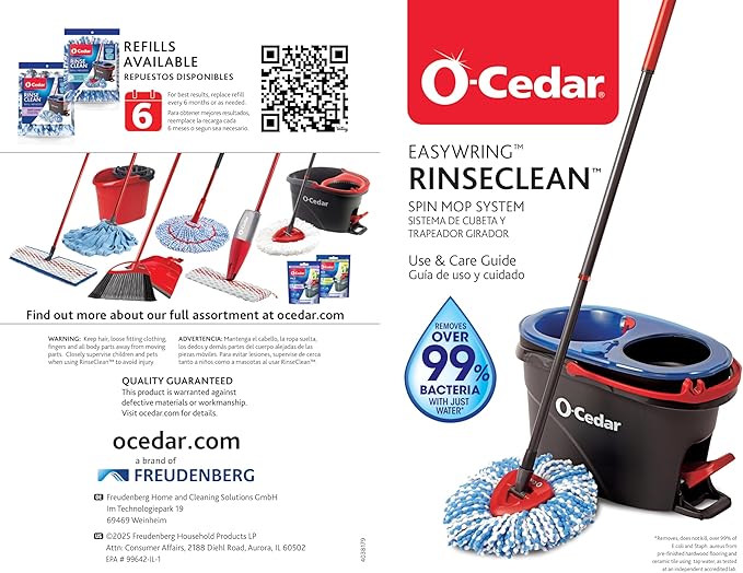 O-Cedar RinseClean Spin Mop & Bucket System | Clean with Water | Removes 99% of Bacteria Plastic