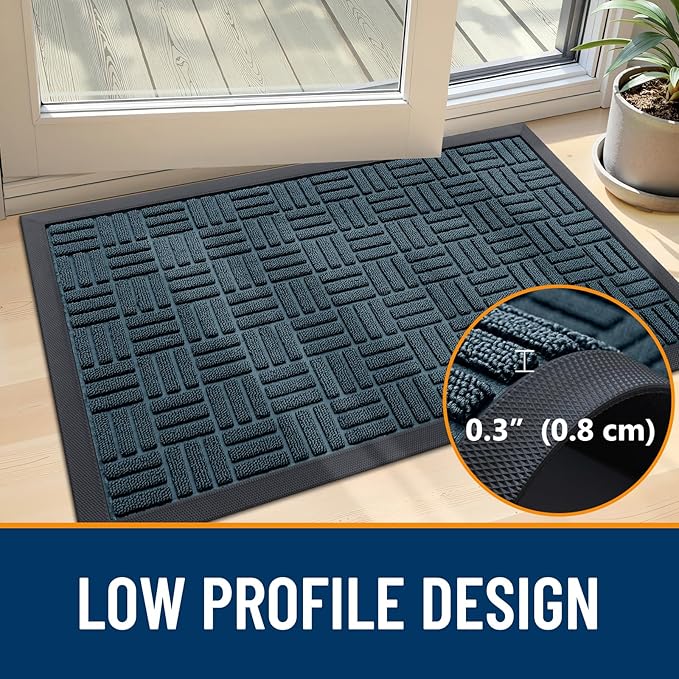 OLANLY Front Door Mat Outside Entrance 29.5x17, Absorbent, Heavy Duty Sturdy Natural Rubber Doormat Indoor Outdoor, Non-Slip, Stain and Fade Resistant, Low Profile Floor Mat for Entryway, Lake Blue