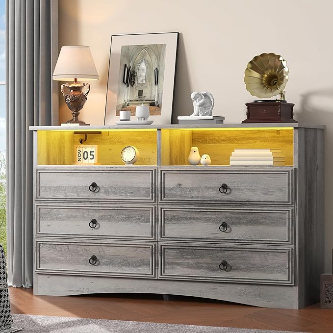 Grey 6 Drawer Dresser for Bedroom with LED Lights and Charging Station, Wood 6 Chest Drawers, Large Storage for Clothes, for Living Room, Bedroom, Hallway, Taupe Grey
