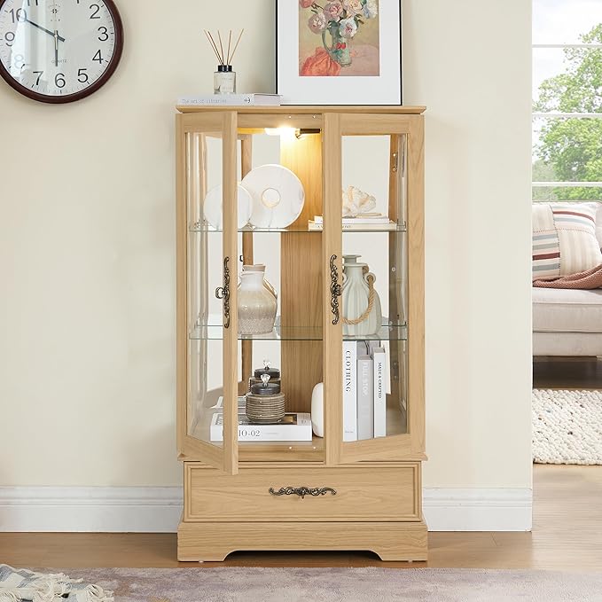 47" H Lighted Curio Cabinet Display Case, Glass Cabinets with Adjustable Shelves,Tempered Glass Door and Drawer, Wooden Curio Cabinet with Mirrored Back Pane for Living Room (Light Oak)