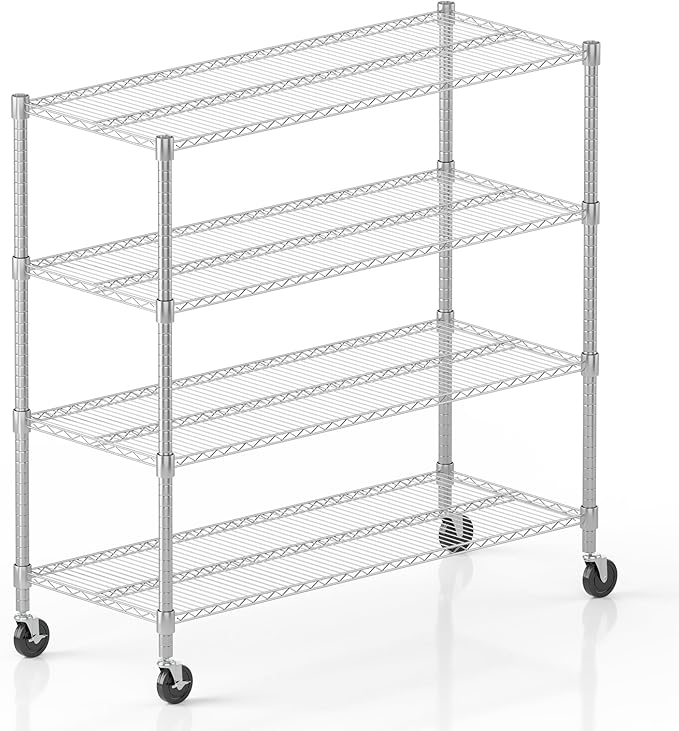 Homdox Heavy Duty Metal Shelves for Storage, 4 Tier Storage Racks and Shelving, Commercial Adjustable Wire Shelving Unit on Wheels, Garage Rack Pantry Shelves Kitchen Shelving, 18"x48"x72", Chrome