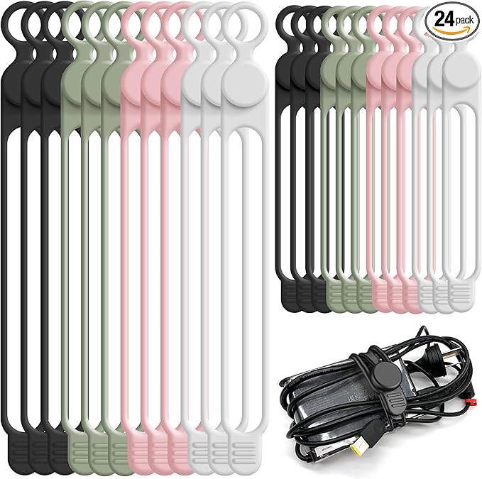 24Pcs Silicone Cable Ties, Cord Organizer Cable Management-2Sizes | Reusable by ELECTRONICSORGANIZATION