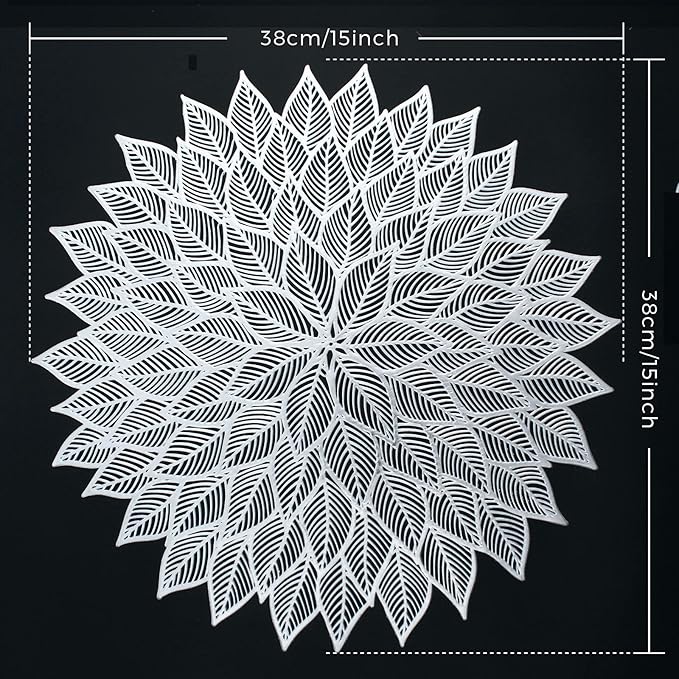 Placemats Set of 4, Round Hollow Out Flowers Place Mats for Dining Table Pressed Vinyl Blooming Leaf Table Mats for Holiday Party Wedding Accent Centerpiece Dinner Table Decoration (Silver)