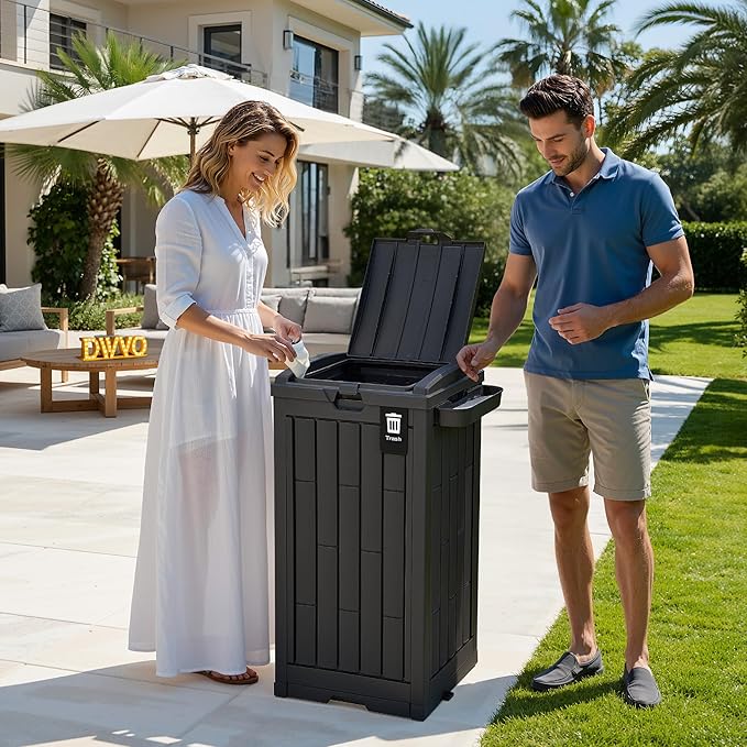 DWVO 38 Gallon Outdoor Trash Can, Resin Garbage Bin with Lid, Includes 2 Sorting Labels, Ash Holder, Stakes & Suction Cups, Hideaway Storage for Patio Backyard Garden, Black
