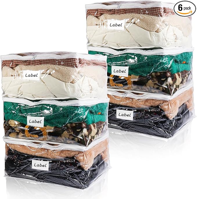 Clear Zippered Plastic Clothes Storage Bags, 6 Pack, Size: 18 x 15 x 9 Inch by Heonay