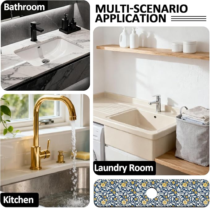 2Pcs Vintage Leaves Kitchen Sink Splash Guard Faucet Mat Scrolling Vines - Image 7