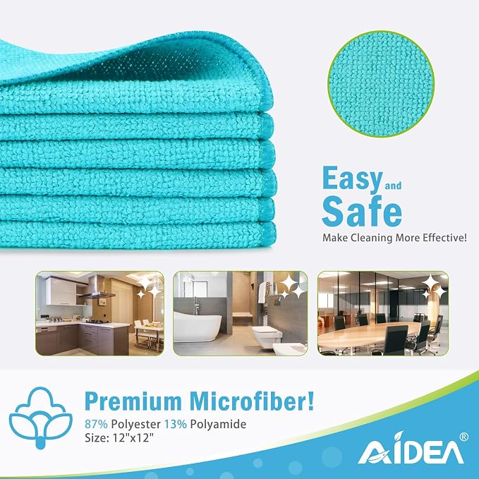 AIDEA Blue Microfiber Cleaning Cloth-12PK, Cleaning Rags 12"x 12" Absorbent | - Image 2