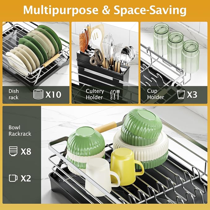 Epicano Dish Drying Rack for Kitchen Counter, Large Capacity, Wooden Handle - Image 2
