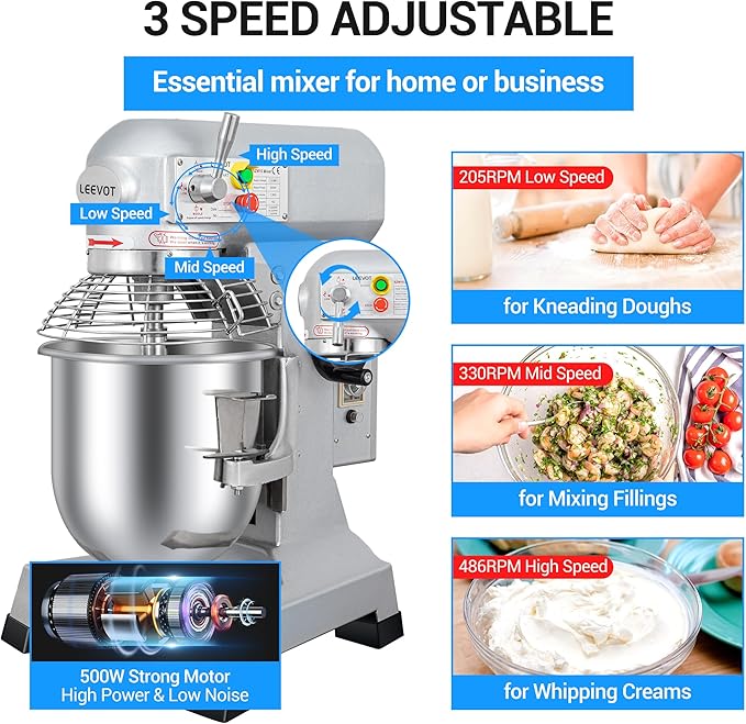 10Qt 500W Commercial Food Mixer, Commercial mixer 3-Speed Adjustable Heavy Duty Stand Mixer with Stainless Steel Bowl for Bakery Pizzeria.