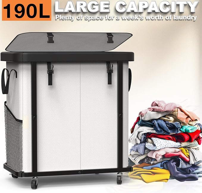 Laundry Basket with Wheels, 190L Laundry Hamper 2 Setion - Image 3