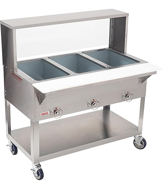 Kratos Commercial Electric Steam Table/Hot Food Table with Overshelf and Sneeze Guard, 3 Wells, Stainless Steel, Mobile, NSF, 120V (28W-202)