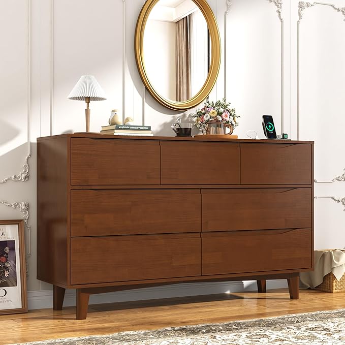 55”Solid Wood Drawers Dresser with Power Outlets, 7 Drawer Dresser for Bedroom, Mid Century Modern Vintage Large Chest of Dresser for Hallway, Entryway,Cutout Handle, Storage Essentials, Brown