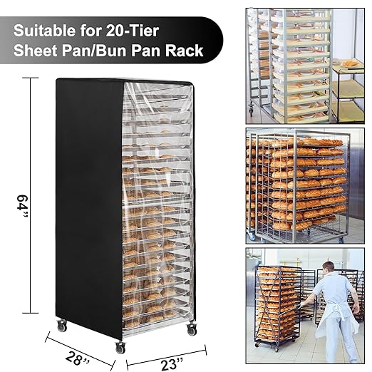 Speed Rack Cover Bread Rack Cover 20tier Sheet Bun Pan Rack Cover Commercial Bakery Racks Cover With Zipper, 23"X28"X64" Waterproof and Dustproof，Black