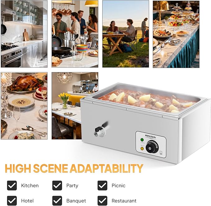 ROVSUN 21QT Electric Commercial Food Warmer, Full Pan Steam Table Stainless Steel Bain Marie Buffet Countertop with Temperature Control & Lid for Parties, Catering, Restaurants 110V