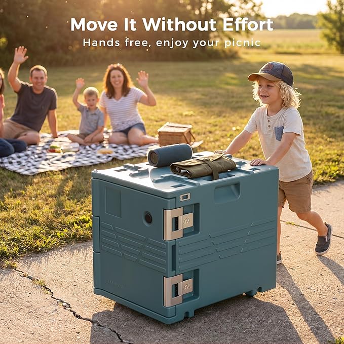 Blue 82QT Non-Electric Hot Box Food Warmer with Wheels, 304 Stainless Steel Latch, Insulated Food Carrier for 5 Full-Size Pans(NOT Included), Food Warmer Box Hot Boxes for Catering