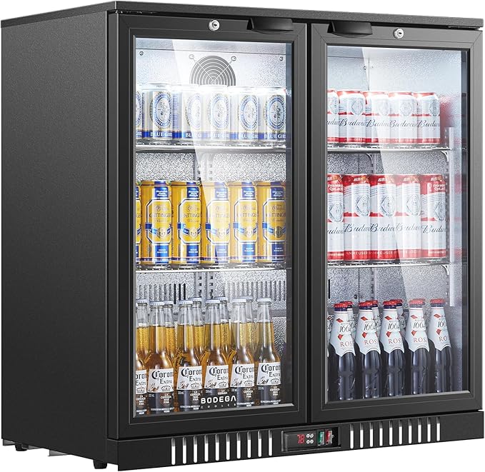 BODEGACOOLER Back Bar Cooler with 2 Doors Under Counter ,7.4cu.ft Glass Door Bar Refrigerator with LED Lighting,Black Bar Cooler,Built-In or Under Counter Freestanding Hold 68 bottles or 220 cans