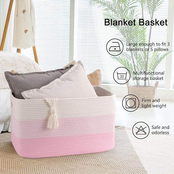 OIAHOMY Blanket Basket Laundry Basket Dog Toy Basket 75L Pink/White - Image 6
