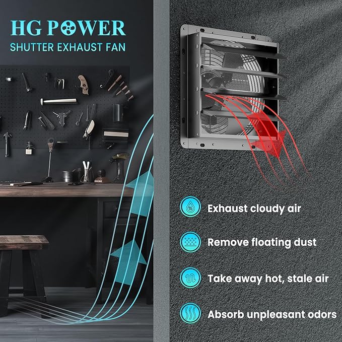 HG Power 14 Inch Shutter Exhaust Fan, 882CFM High-Speed Vent Fan, 1400RPM Wall Mounted Attic Fan with Steel for Shed, Garage, Greenhouse Ventilation, Black