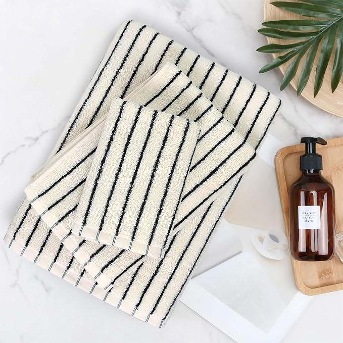 8 Piece Black and Ivory Towel Set, Super Soft & Absorbent Cotton Striped | - Image 3