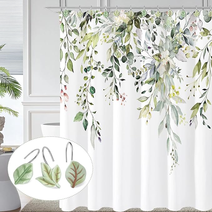 SageGreen Plant Leaf Shower Curtain Hooks, Eucalyptus Bathroom Decor, Metal - Image 6