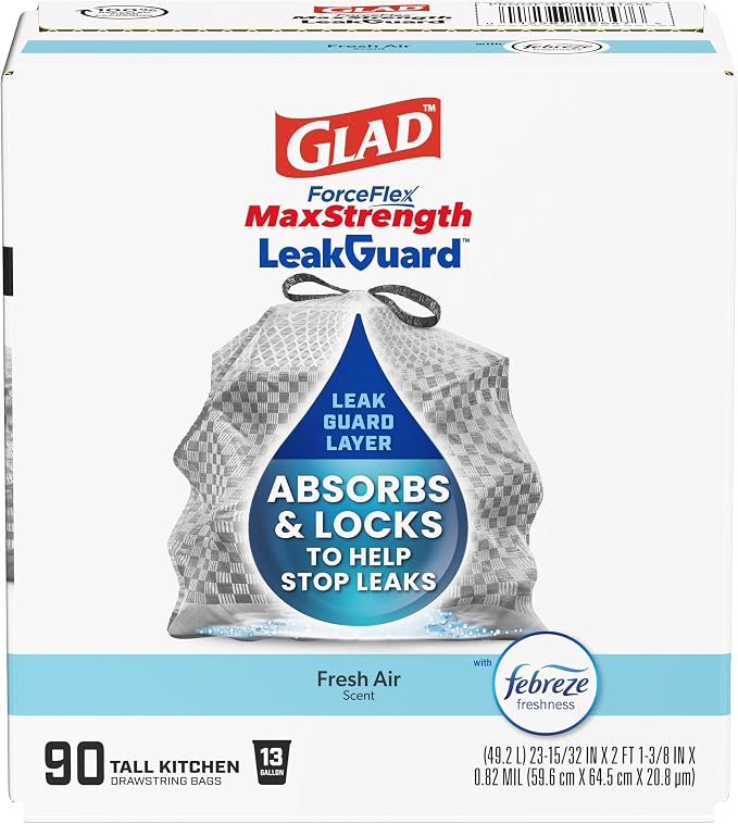 Glad ForceFlex MaxStrength LeakGuard Trash Bags, 13 Gal, Fresh Air, 90 Ct by GladTrashFoodStorage
