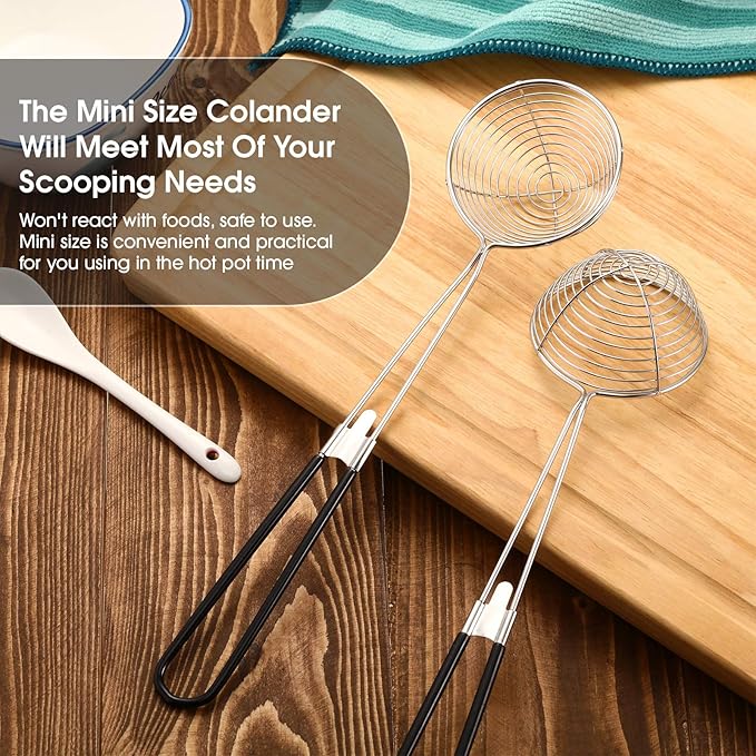 Geiserailie 10 Pieces 6 Pieces Hot Pot Kit Strainer Scoops Stainless Steel 2.5 Inch Mini Spider Strainer Skimmer Pasta Mesh Spoon Asian Skimmer Spoon Ladle with Handle for Home (Black)