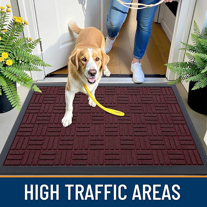OLANLY Front Door Mat Outside Entrance 47x23, Absorbent, Heavy Duty Sturdy Natural Rubber Doormat Indoor Outdoor, Non-Slip, Stain and Fade Resistant, Low Profile Floor Mat for Entryway, Burgundy