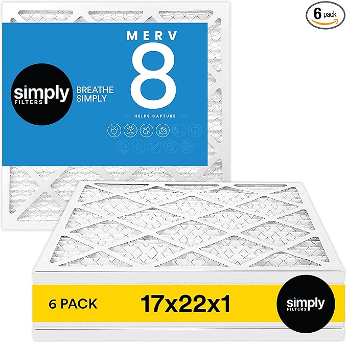 Simply 17x22x1 Air Filter, Merv 8, 6 Pack, For Home AC Furnace & HVAC (Actual Size: 16.75"x21.75"x0.75") DUST, Pet, & Allergy Control