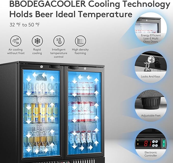 BODEGACOOLER Back Bar Cooler With 2 Glass Doors,Under Counter Back Bar Refrigerator 7.4 Cu.Ft with LED Lighting,Commercial Display Beverage Cooler for Beer,Soda Drinks,Wine