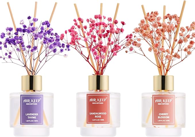Reed Diffuser Set of 3, Lavender Thyme Sandalwood Rose Cherry Blossom Oil Reed by Airkeep