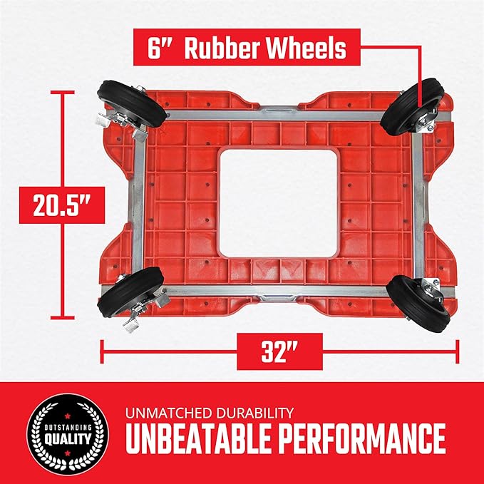 SNAP-LOC, All Terrain 4 Wheel Push Cart Dolly, Heavy Duty Dolly Cart, 6 Inch Casters, Push Bar & E Strap Attachment Included, 1,500 lb Capacity, Made in USA, Red