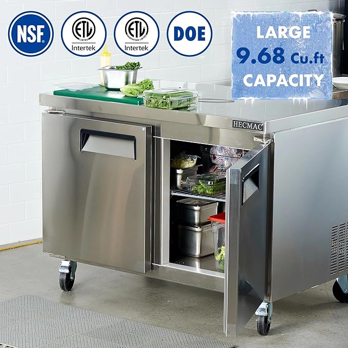 HECMAC 36" Commercial Refrigerator, 9.68 Cu.ft Worktop Undercounter Fridge with 2 Solid Door, 33~40℉, 18-8 Stainless Steel Interior, ETL&NSF/ANSI 7 for Restaurant, Bar, Shop, Kitchen Use