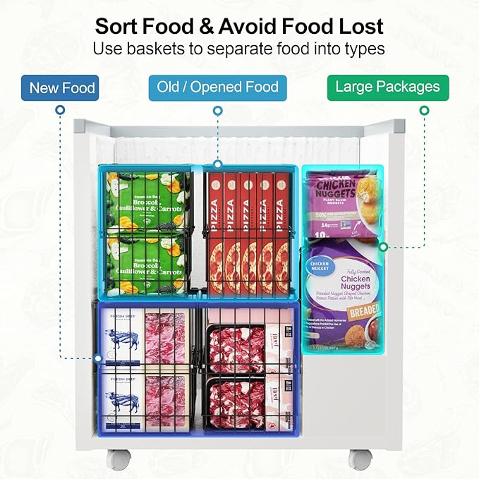 iSPECLE Freezer Organizer Bins - 2 Pack Large Adjustable Deep Freezer Organizer Bins for 5 to 7 Cu.Ft Chest Freezer, Stackable No Wasted Space, Easily Access Pizza (≤12“) without Digging, Black
