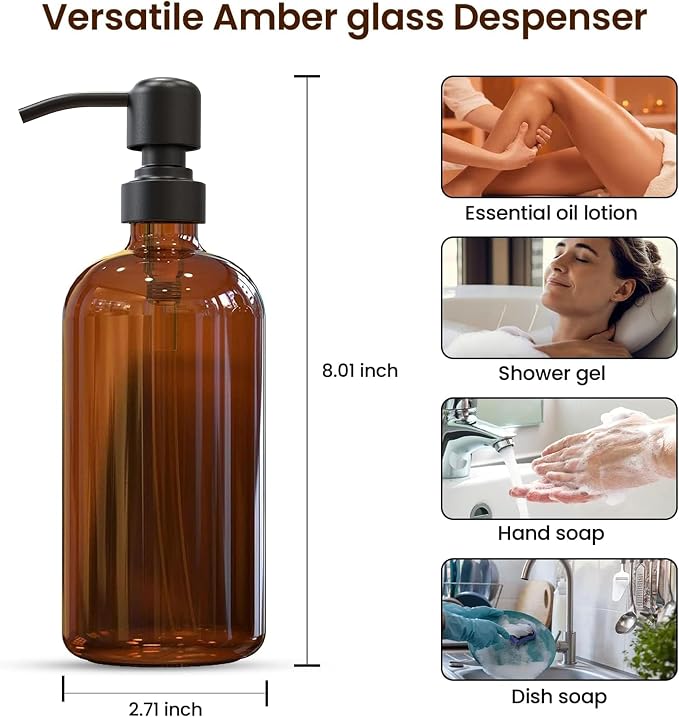 Sunrise Premium Amber Glass Soap Dispenser, Matte Black Pump, 16 oz | Amber - Image 3